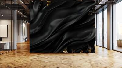 minimal background with flowing black silk waves and decorative natural border elements in gold and black  Wall mural