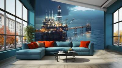 oil and gas ocean platform wallpaper with a beautiful landscape background Wall mural