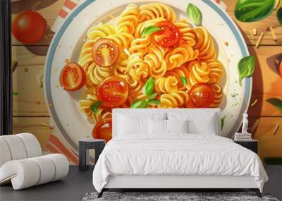 rotini pasta illustration banner flavoured with fresh parmesan cheese, tomatoes, parsley and others healthy ingredients, professional setting Wall mural