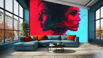 two faces back to back glitchy illustration wallpaper Wall mural