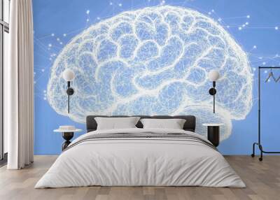 A 3D rendering of a human brain with white lines and dots representing neurons and connections, set against a blue background. Wall mural