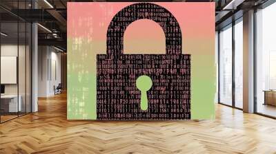 A black padlock with a green keyhole is superimposed on a background of binary code. The background is a blend of pink, green, and white, and the code appears faded. Wall mural