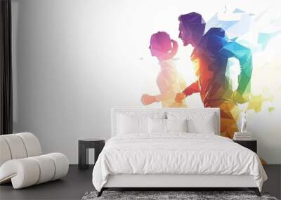 A colorful, geometric illustration of a man and woman running side by side. Wall mural