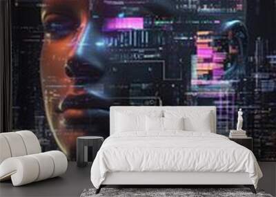 A digital rendering of a human face with code and data overlayed on top. Wall mural