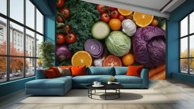 A flat lay image of various fresh vegetables and fruits, including kale, red cabbage, orange slices, tomatoes, and garlic cloves. Wall mural