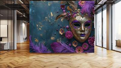 A gold and purple masquerade mask with feathers and flowers on a teal background. Wall mural