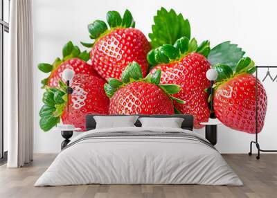 A group of five ripe red strawberries with green leaves on a white transparent background Wall mural