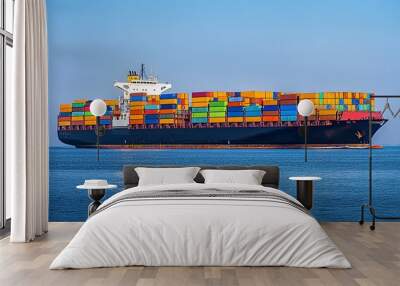 A large cargo ship loaded with colorful shipping containers sails on a calm blue sea under a clear blue sky. Wall mural