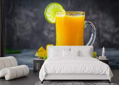 A refreshing glass of mango juice with lime wedge and mango chunks on a wooden board. Wall mural