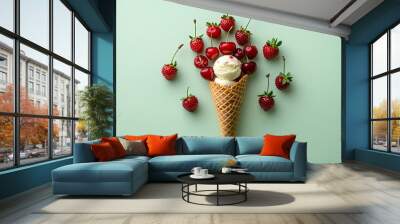 A waffle cone filled with vanilla ice cream is surrounded by cherries and strawberries on a mint green background. Wall mural