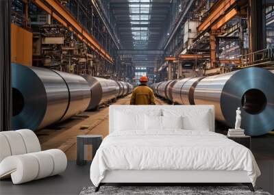 A worker in a hard hat walks down an aisle of large rolls of metal in a manufacturing plant. Wall mural