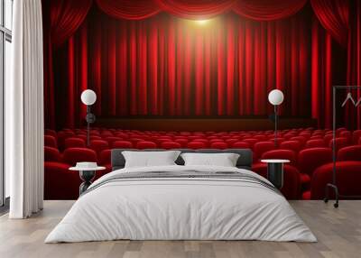 Empty theater with red seats and velvet curtains lit by a spotlight. Wall mural