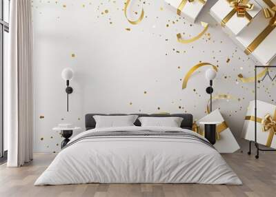 Flying white gift boxes with gold ribbon and golden confetti on white background. Festive celebration concept Wall mural