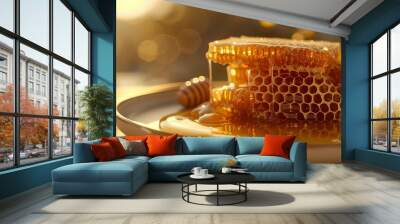 Golden honeycomb dripping honey on a plate. Wall mural