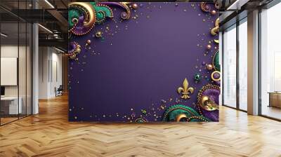 Purple, green, and gold Mardi Gras decorations around a blank space. Wall mural