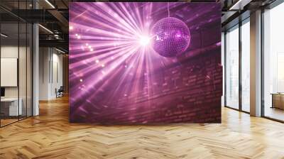 Purple disco ball with light rays. Wall mural