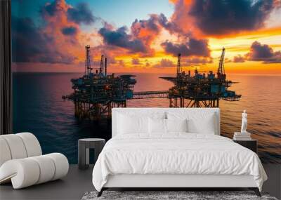 Two offshore oil platforms stand on the horizon against a colorful sunset sky. Wall mural