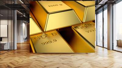 Gold bars with the web banner concept. 3D rendering. Wall mural