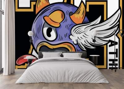 Design of a creature with one eye, wings and a devilish tongue in an urban skateboard tattoo style, horns and texts in a background with numbers and aspects of a school or university, cities Wall mural