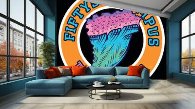 Shark tooth design for t-shirt with circle and college campus text, colorful in neon 90s. retro vintage. Wall mural