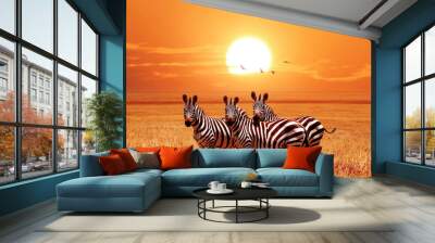 African zebras at beautiful orange sunset in the Serengeti National Park. Tanzania. Wild nature of Africa. Wall mural