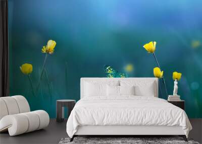 Yellow wild flowers and butterflies. Spring summer background. Banner format. Wall mural