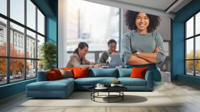 Happy, arms crossed and portrait of business woman in meeting for planning, smile and professional. Happiness, career and workshop with female employee in office for creative, confident and startup Wall mural