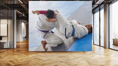 Whos in control here. Full length shot of two young martial artists practicing jiu jitsu in the gym. Wall mural