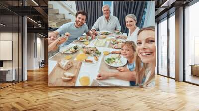 Family, selfie and dinner with generations and food, parents with grandparents and children smile for picture with quality time together. Photo, big family and happiness with nutrition and meal. Wall mural