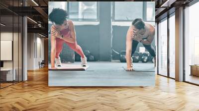 Gym floor, health and training woman doing arm plank exercise, performance workout or core muscle building. Body self care, commitment and wellness for team, people or friends fitness class ground Wall mural