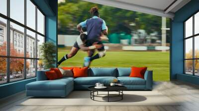 Rugby, tackle and action, black man running to score goal on field at game, match or practice workout. Sports, fitness and motion, player in action and blur on grass with energy and skill in sport. Wall mural