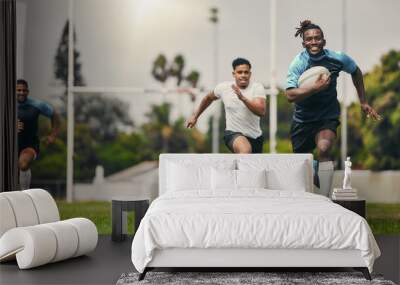 Rugby team or people running fast on field in competition, game or match strategy, energy and challenge for goals. Speed of sports men, athlete or friends on pitch for gaming event moving in action Wall mural