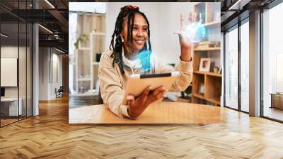 Tablet, world and woman with globe hologram for virtual elearning, 3d globalization and future learning innovation. Knowledge development, overlay data and black student study global education growth Wall mural