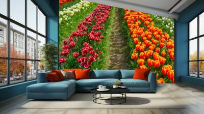 Two rows of flowers on a tulip field. Tulip of the Triumf variety in burgundy color and tulip of the Orange Bowl variety in red-orange color Wall mural