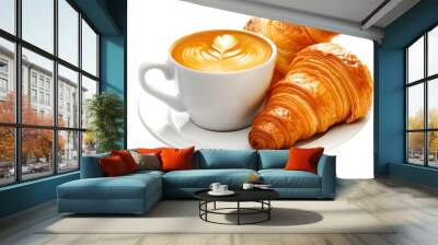 a cup of coffee with croissant on plate isolated on transparent background Wall mural