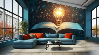 A light bulb glowing above an open book, surrounded by floating symbols and particles, representing the birth of a new idea and the flow of creativity Wall mural