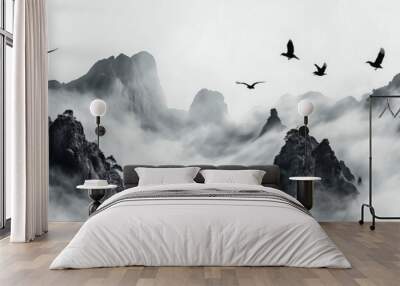 Chinese landscape painting, Chinese style architecture, mountains and rocks, flying birds in the sky, ink painting, Chinese brushwork style Wall mural