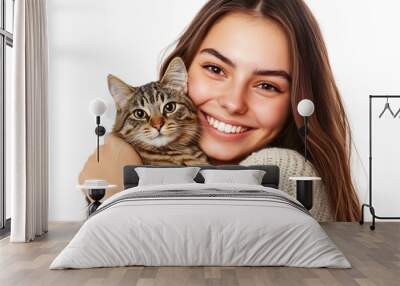 smiling woman with a cat isolated on white background Wall mural