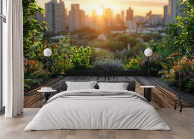 Urban Gardening, A rooftop in the city filled with lush green plants Wall mural