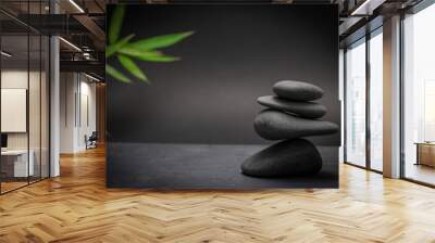 Spa zen basalt stones and green bamboo leaves on white background. The concept of wellness, relaxation, massage and well-being. Still life background. Harmony and balance. Wall mural