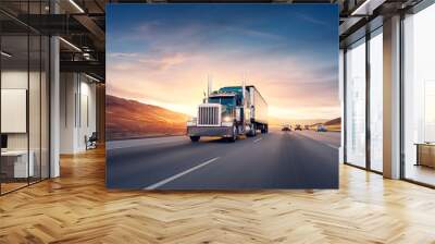 American style truck on freeway pulling load. Transportation the Wall mural