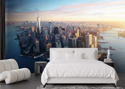 New York City panorama skyline at sunrise. Manhattan office buildings skysrcapers at the morning. New York City panoramatic shot. First sun beams lights up Manhattan of New York City. Wall mural