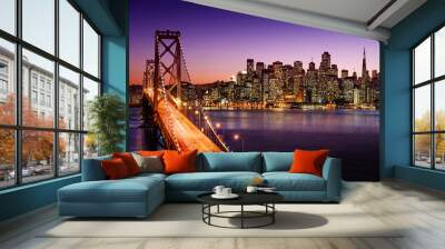 san francisco skyline and bay bridge at sunset, california Wall mural