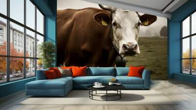 cow brown, white with horns in nature Wall mural