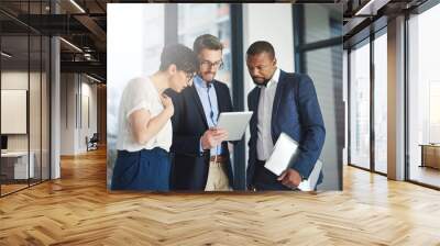 Shared knowledge benefits everyone in business. Shot of a team of colleagues using a digital tablet together at work. Wall mural