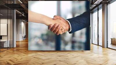 Strengthening business with a solid alliance. Cropped shot of a businessman and businesswoman shaking hands at work. Wall mural