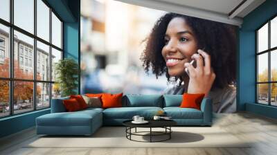 Happy business woman, phone call and city for conversation, communication or networking outdoors. Female employee talking on mobile smartphone with smile for fun discussion in street of an urban town Wall mural