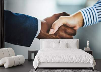 Making a big merger happen. Closeup shot of two businesspeople shaking hands in an office. Wall mural