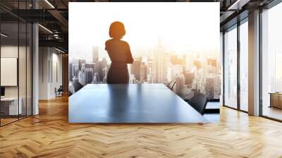 Soon Ill be running this city. Rearview shot of a young businesswoman looking out from a large window in the office. Wall mural