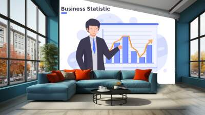 vector flat illustration businessman presenting the business plan or planning, economy growth plan during covid-19 coronavirus pandemic. money exchange rates concept. financial economic chart graph.  Wall mural